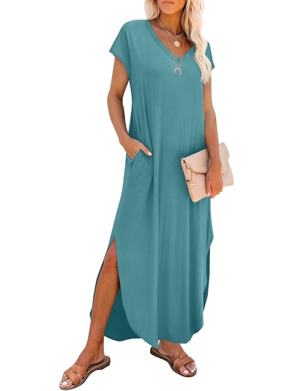 Women Turquoise V Neck Cap Sleeve Long with Pockets Pull On Casual Maxi Dresses